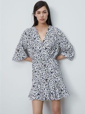 Zara White and Black Leopard Print Wrap Dress